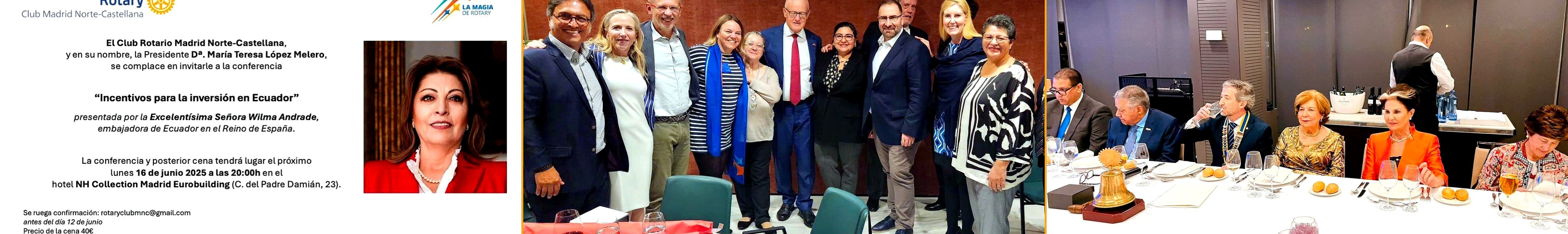 Collage: charlas Rotary con embajadores de Ecuador, Noruega y República Dominicana